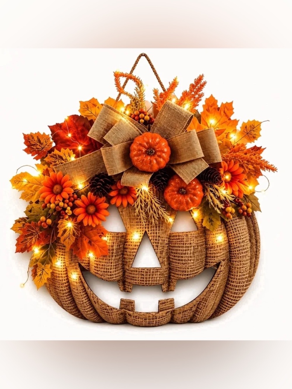 Burlap Fall Halloween LED Lighted Fall Indoor/Outdoor Wreath NWT